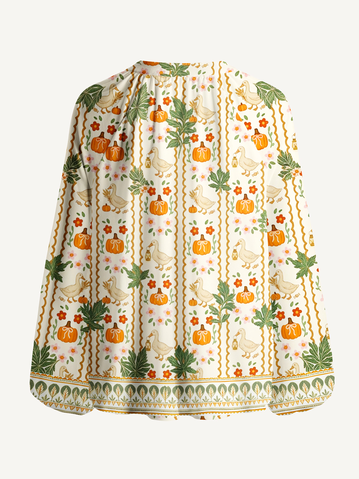 Harvest Goose & Pumpkin Print Boho Long Sleeve Tie‑Neck Blouse