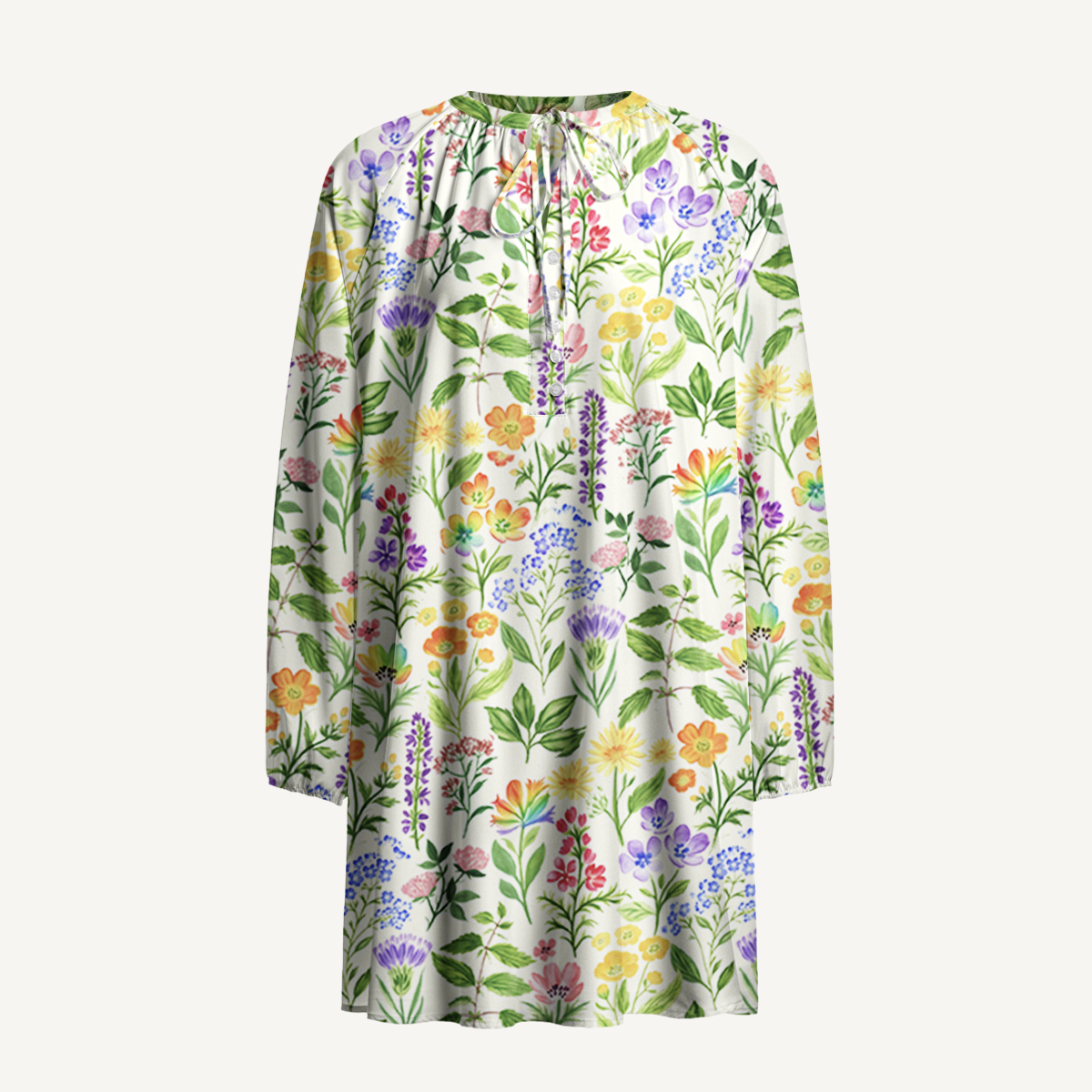 Colorful Wildflower Meadow Print Boho Tie‑Neck Smock Mini Dress