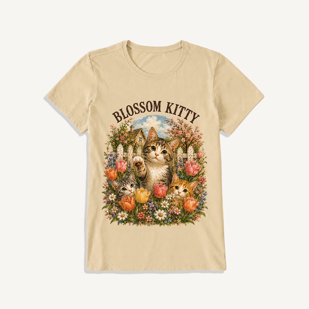 Blossom Kitty Cottage Print Crew Neck Cotton Tee