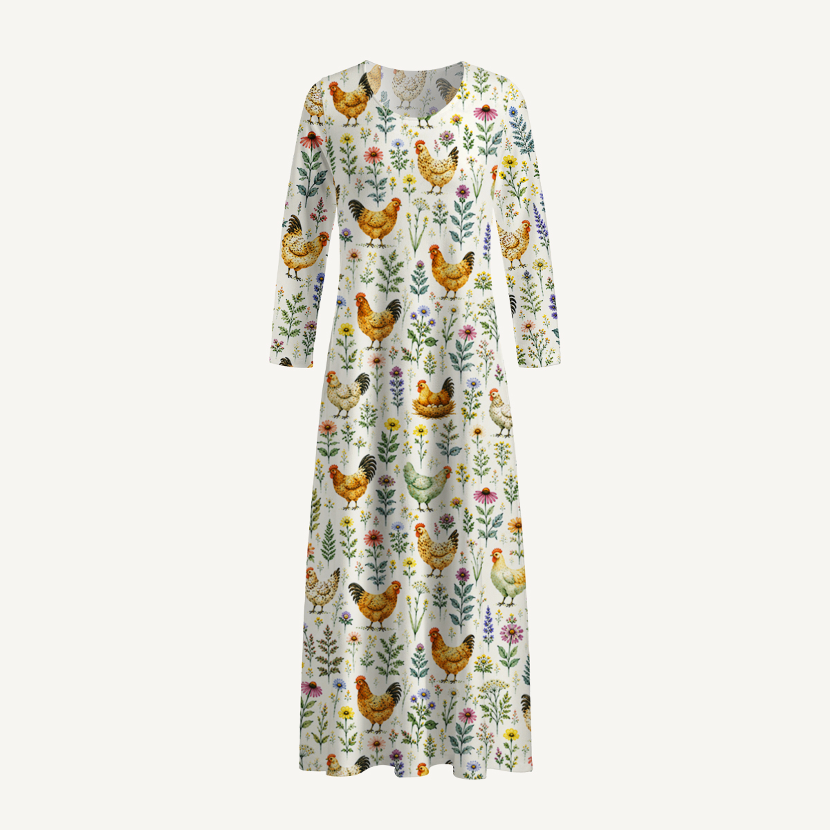 Watercolor Chickens Leaves Print Soft-Touch Stretch Knit Long Sleeve Maxi Dress with Pockets