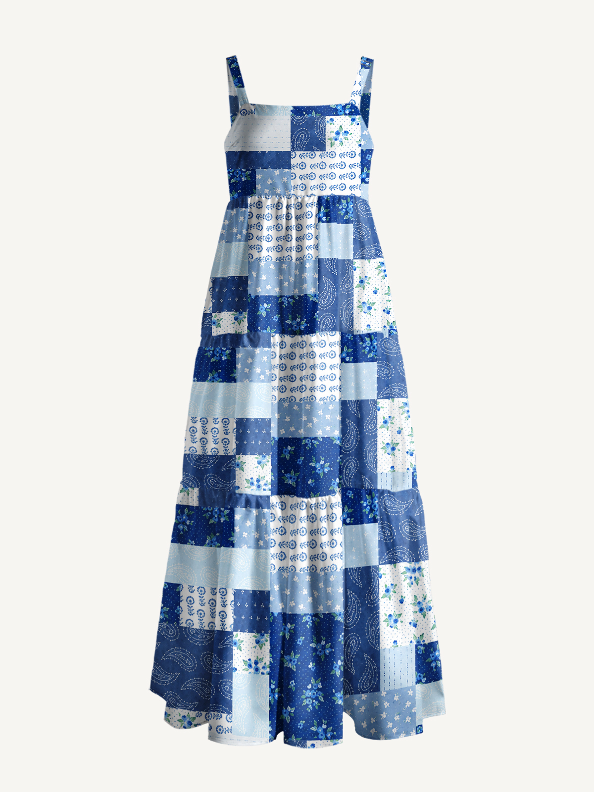 Blueberry Paisley Patchwork Print Wide Straps Maxi Dress With Pockets