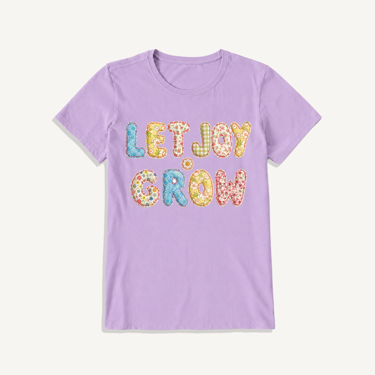 Let Joy Grow Patchwork Print Crew Neck Cotton Tee