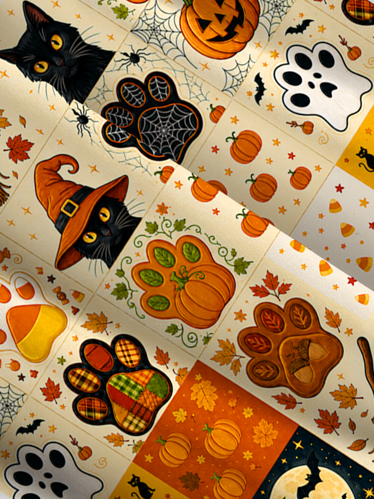 Autumn Witch Cat patchwork Print Wide Straps Maxi Dress With Pockets