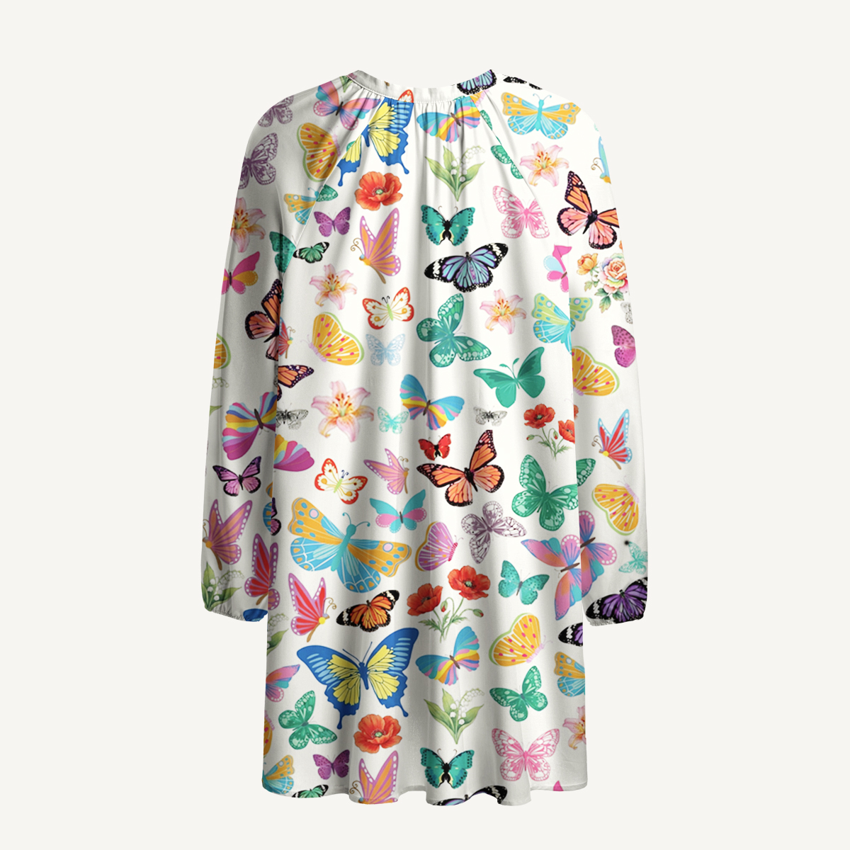 Rainbow Butterfly Garden Print Boho Tie‑Neck Smock Mini Dress