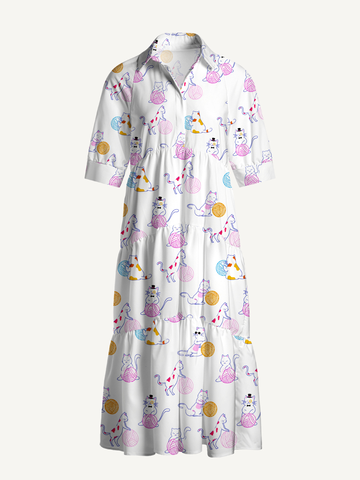 V Neck Collared Color Yarn Garden Cat Print Casual Midi Dress With Pockets