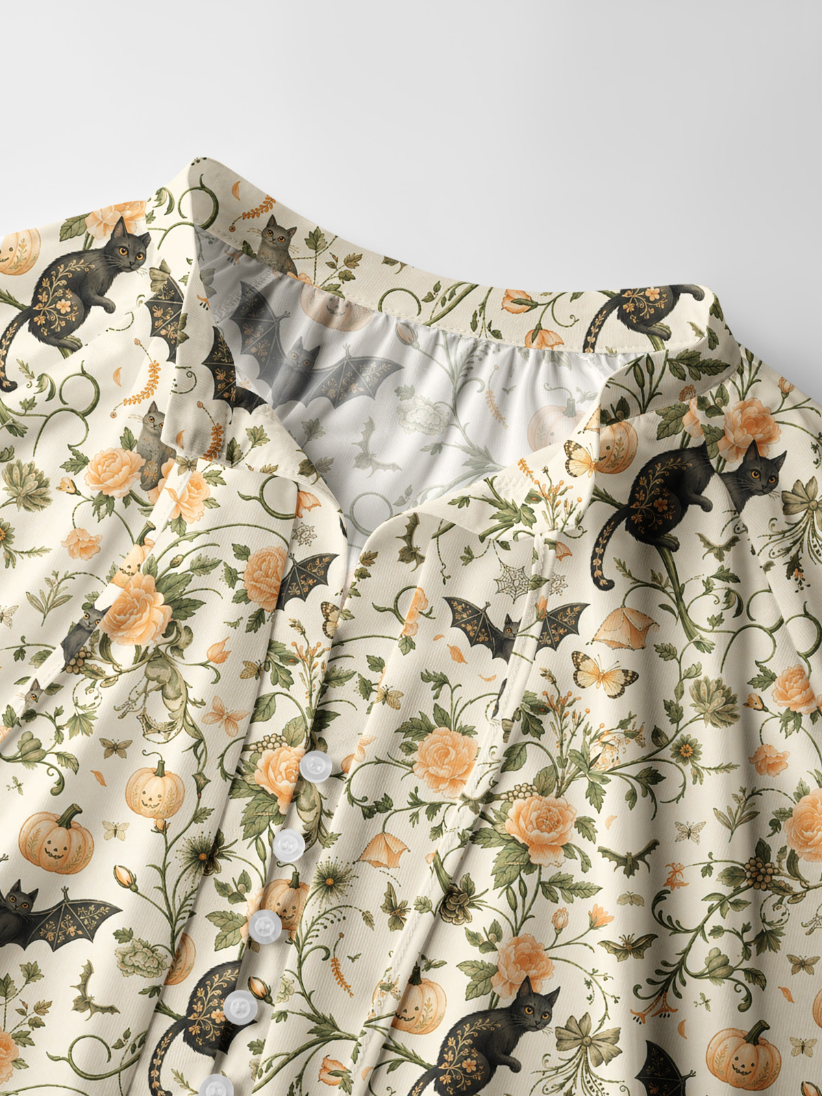Pastoral Pumpkin Cat Print Boho Long Sleeve Tie‑Neck Blouse