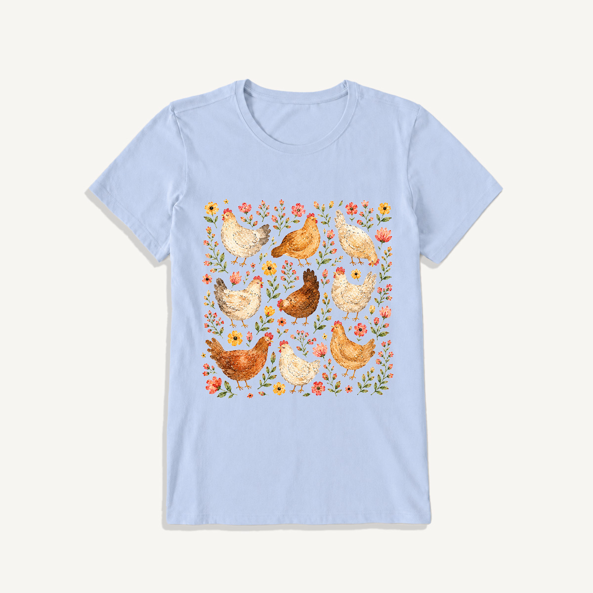 Country Chicken Wildflower Garden Print Crew Neck Cotton Tee