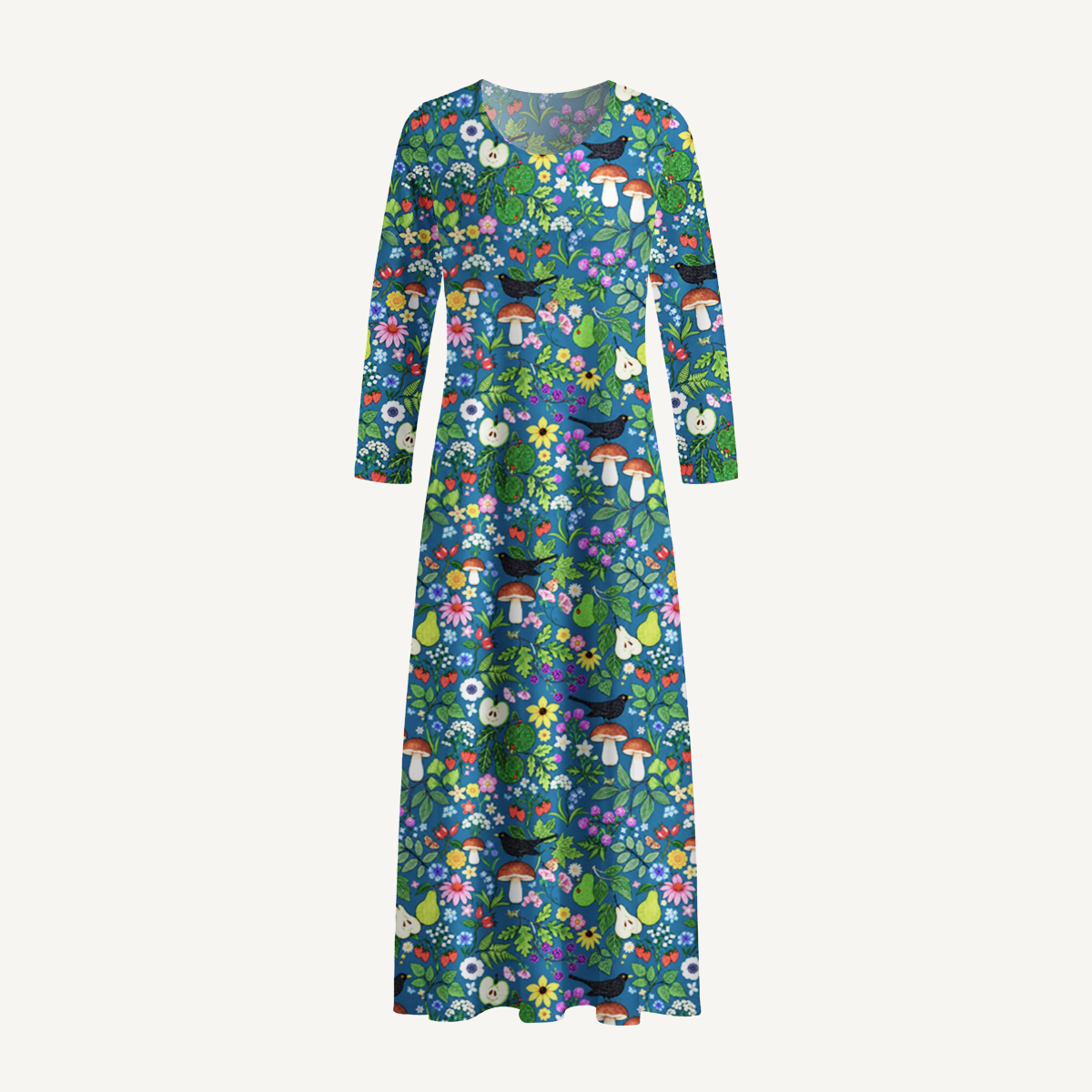 Cottagecore Mushroom & Wildflower Print Soft-Touch Stretch Knit Long Sleeve Maxi Dress with Pockets