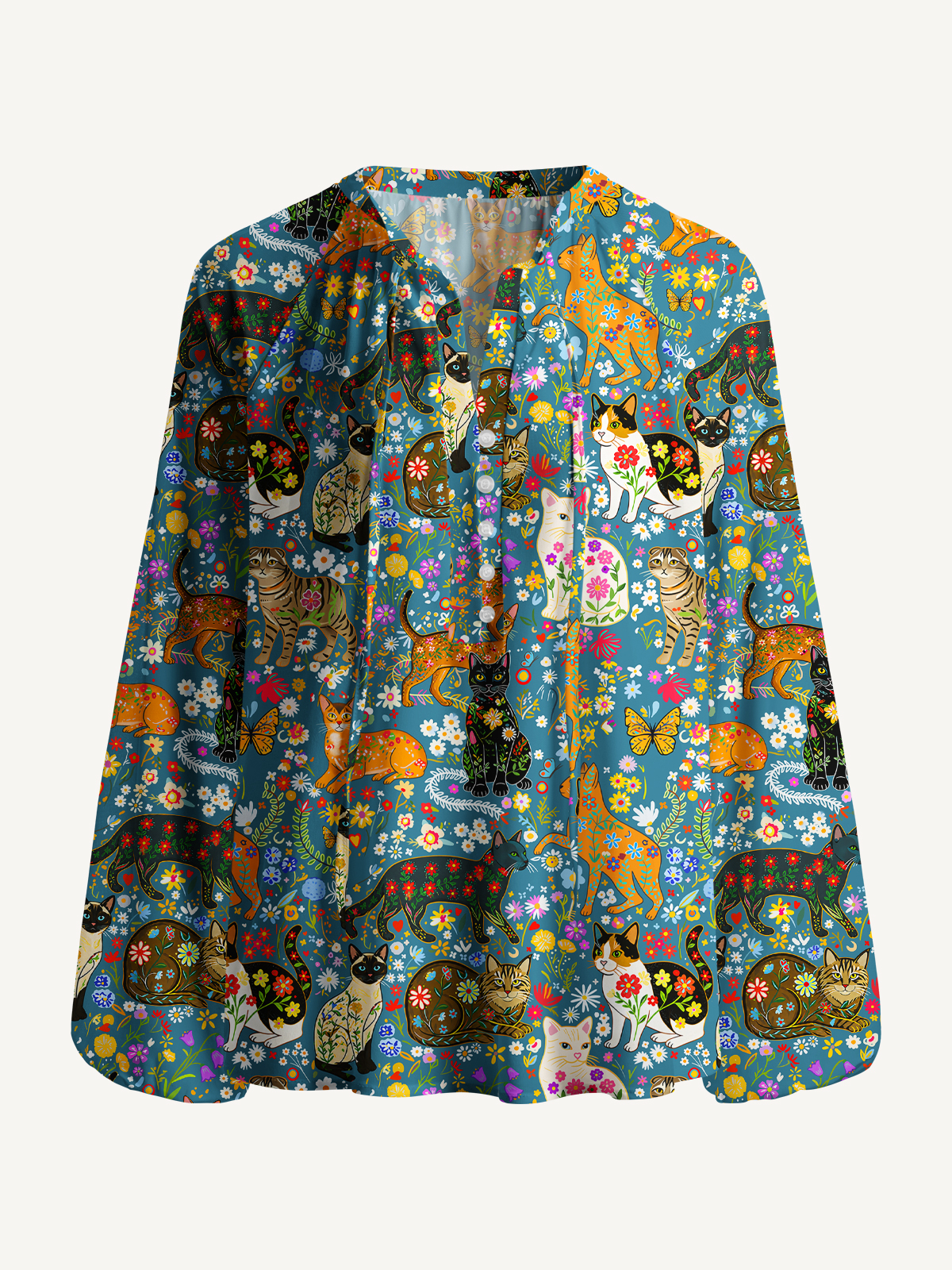 Colorful Garden Cat Pattern Print Boho Long Sleeve Tie‑Neck Smock Shirt