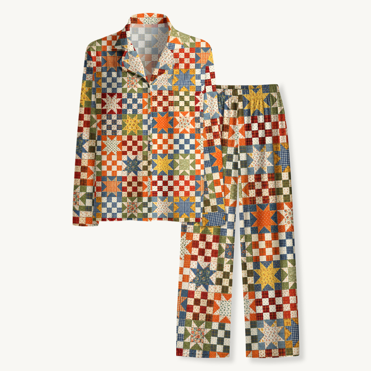 Vintage Star Quilt Patchwork Long Pajama Set 