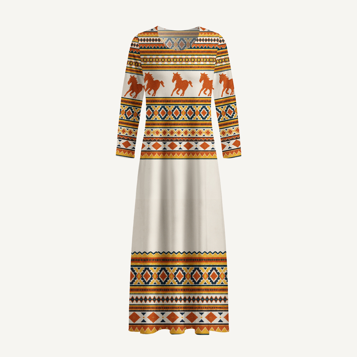 Running Horses Geometric Pattern Knit Long Sleeve Maxi Dress with Pockets