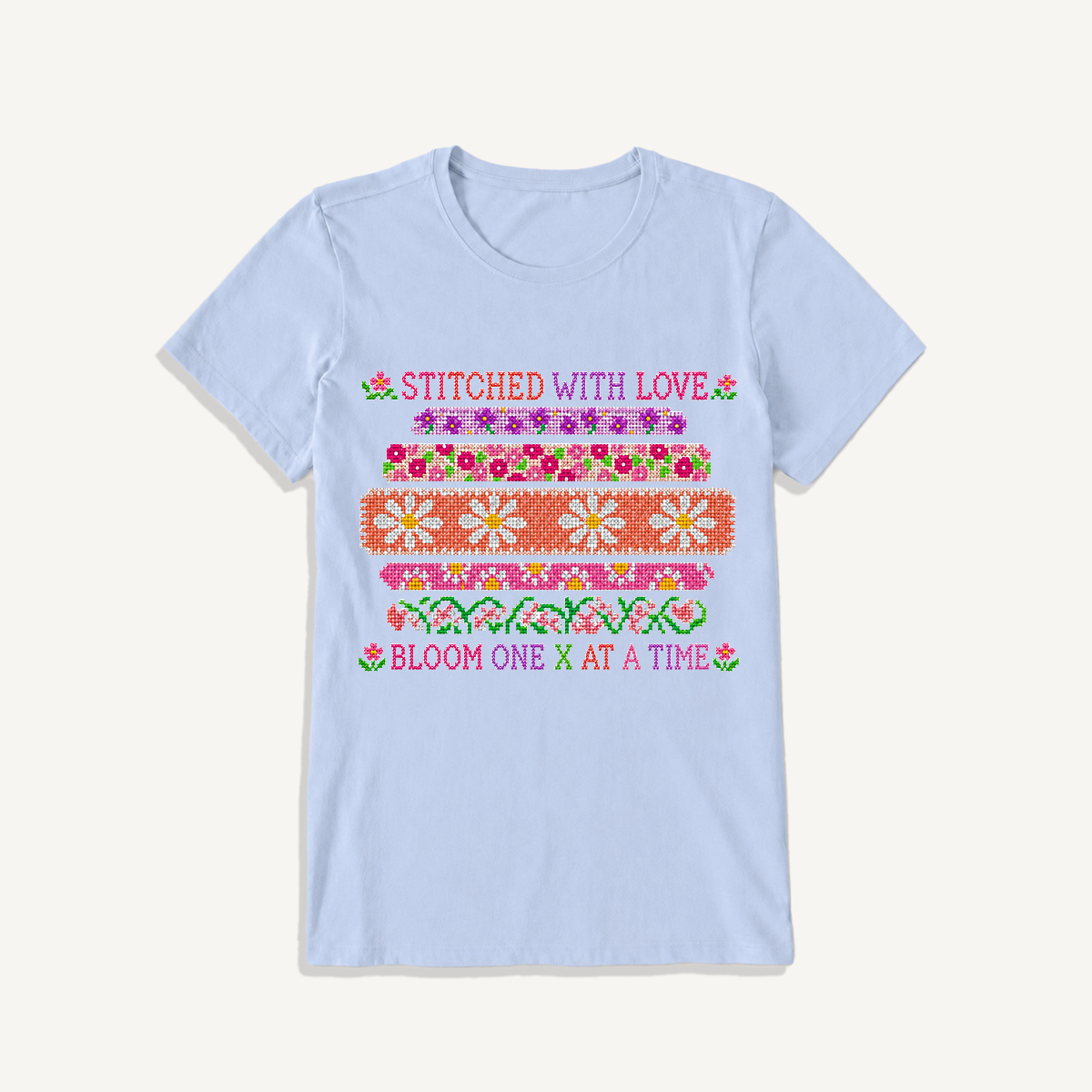 Floral Cross-Stitch Sampler Print Crew Neck Cotton Tee