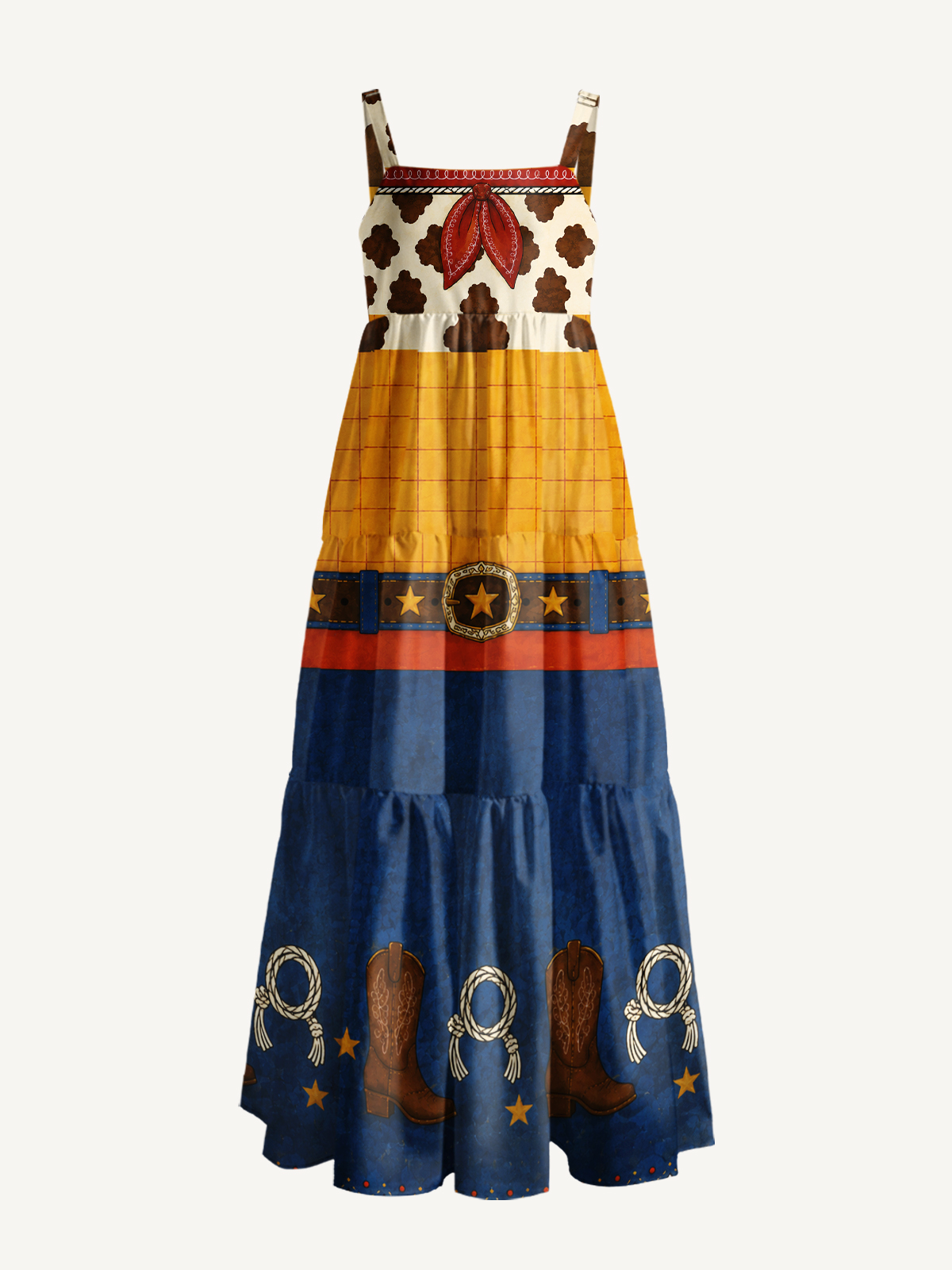 Western Ranch Cowboy Boot Print Wide Straps Maxi Dress With Pockets
