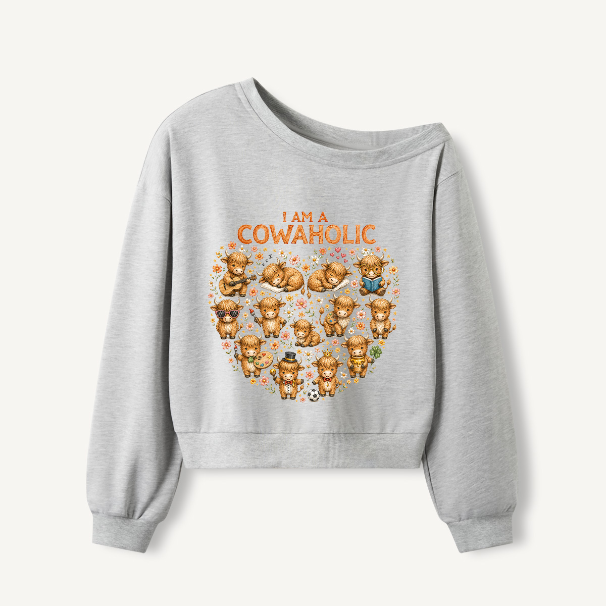 Sweet Highland Love Print Off Shoulder Sweatshirts 