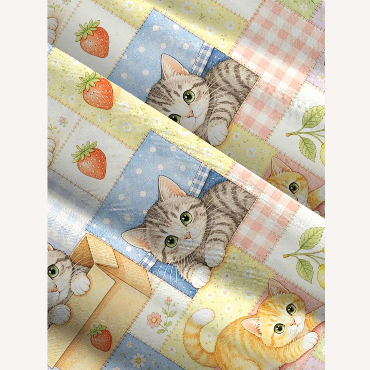 Vintage Patchwork Kitty Print Wide Straps Maxi Dress With Pockets