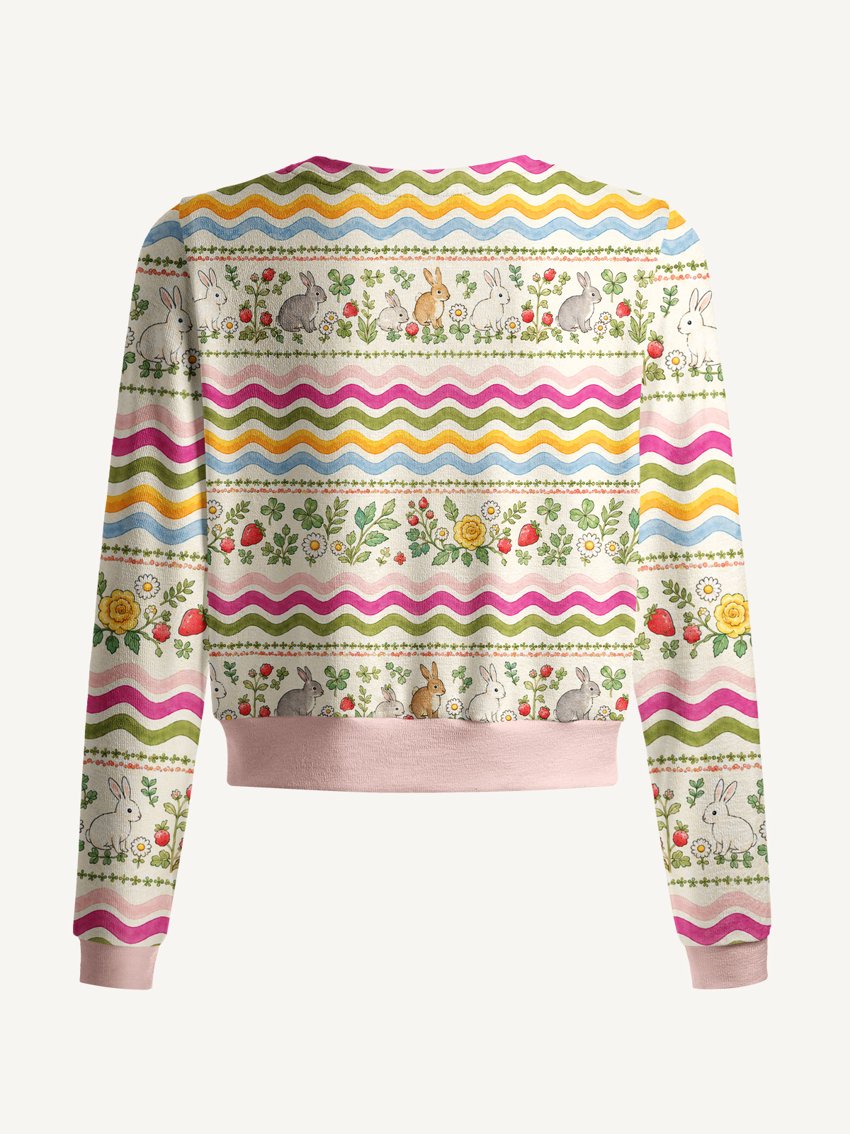 Lightweight Crew Neck Long‑Sleeve Cropped Strawberry Bunny Waves Print Fine‑Knit Cardigan