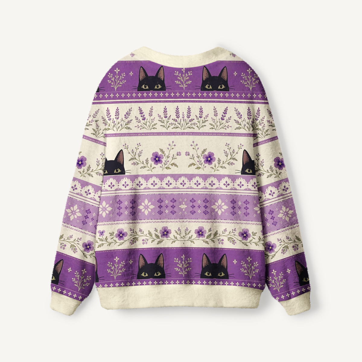 Midnight Lavender Cat Garden Print Ugly Cardigan Sweaters