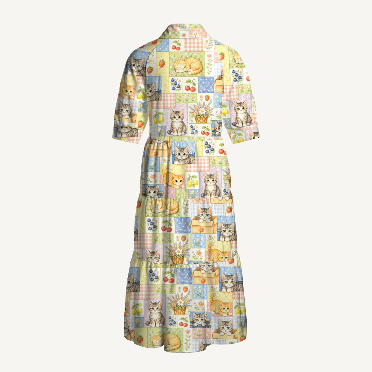 V Neck Collared Vintage Patchwork Kitty Print Casual Midi Dress With Pockets