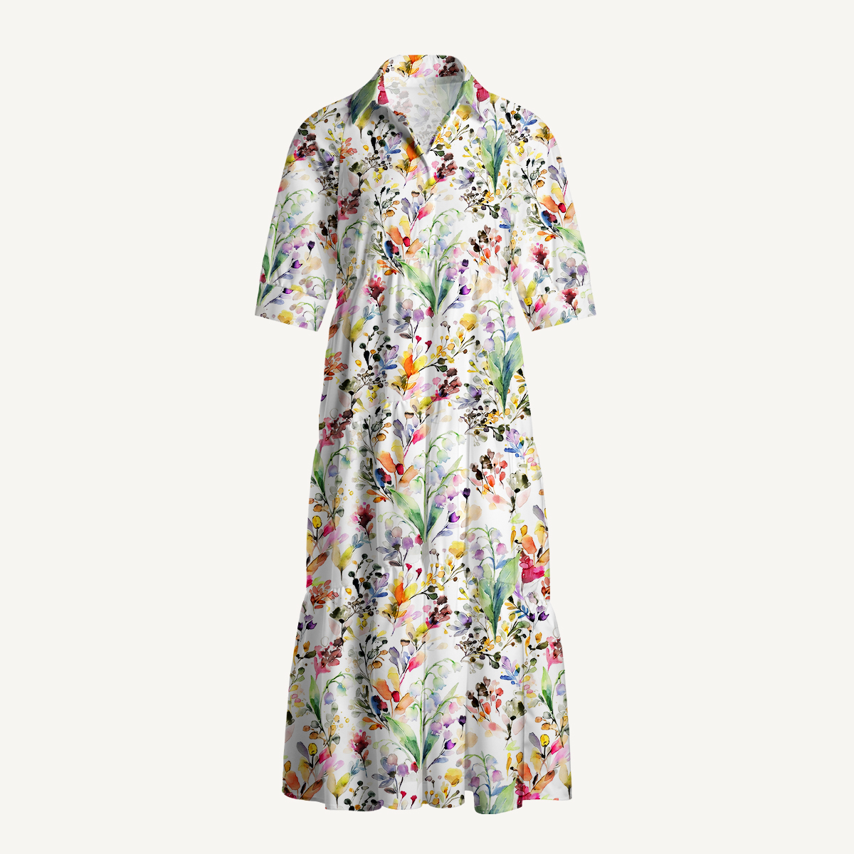 Watercolor Wildflower Garden Print Casual Midi Dress With Pockets