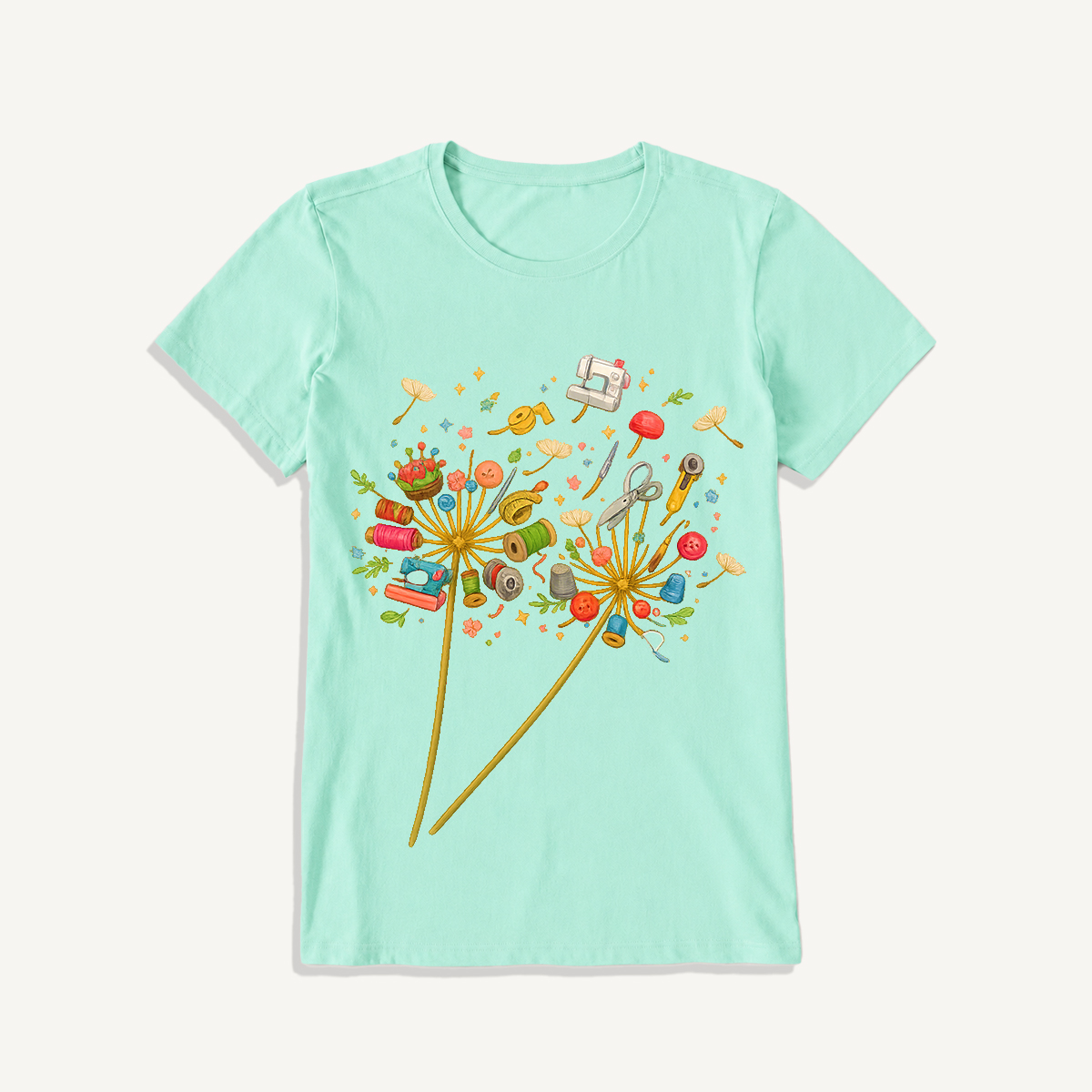 Sewing Tool Dandelion Art Print Crew Neck Cotton Tee