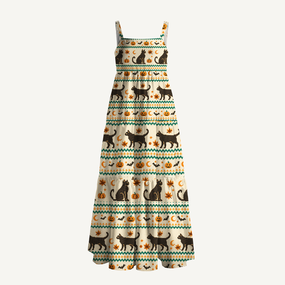 Halloween Cat Pumpkin Bat Straps Maxi Dress With Pockets