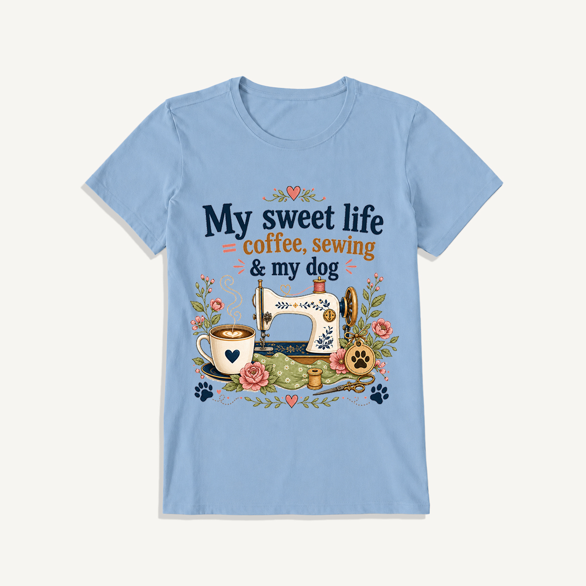 Coffee Sewing and My Dog Print Crew Neck Cotton Tee