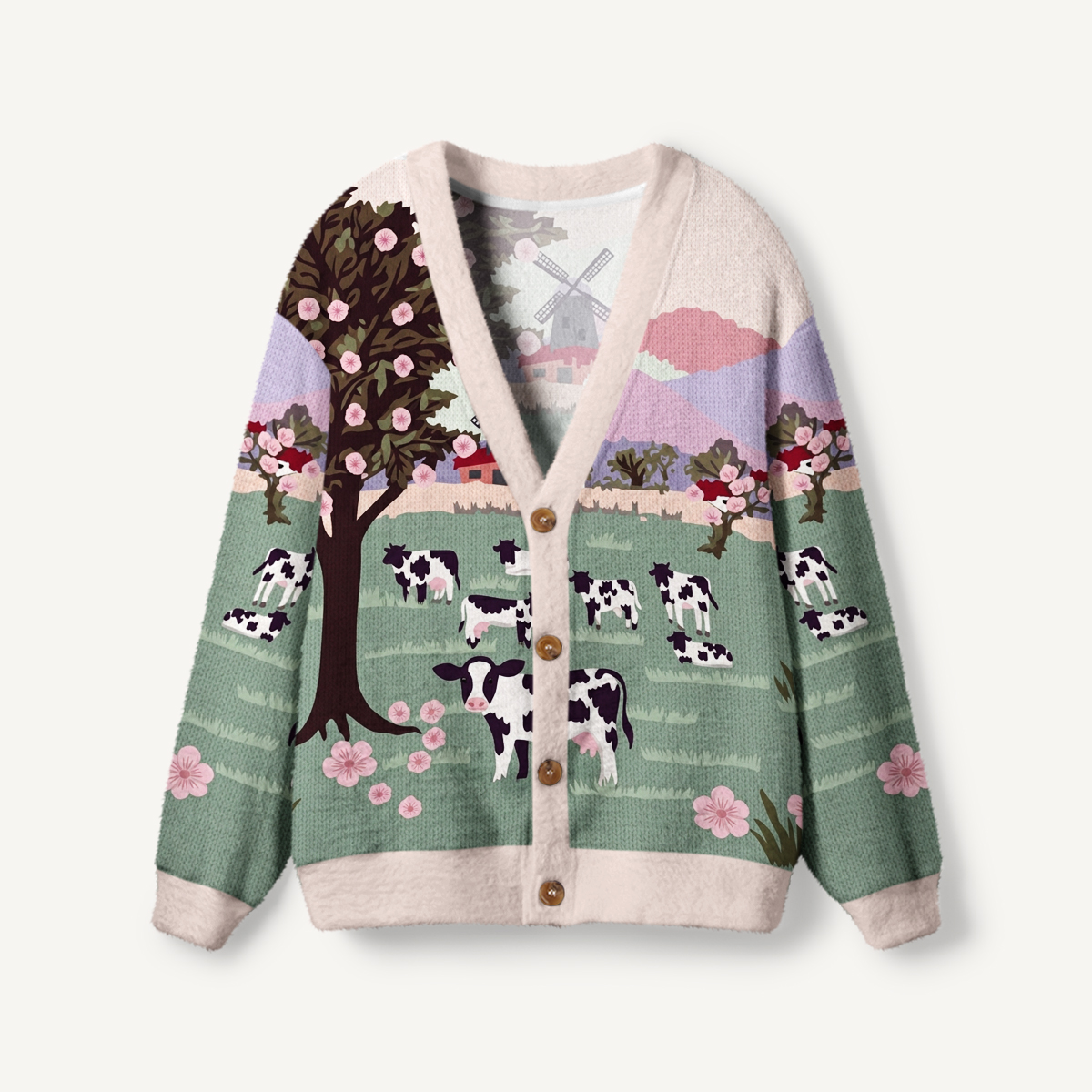 Blossom Pasture Cow & Windmill Print Ugly Cardigan Sweaters