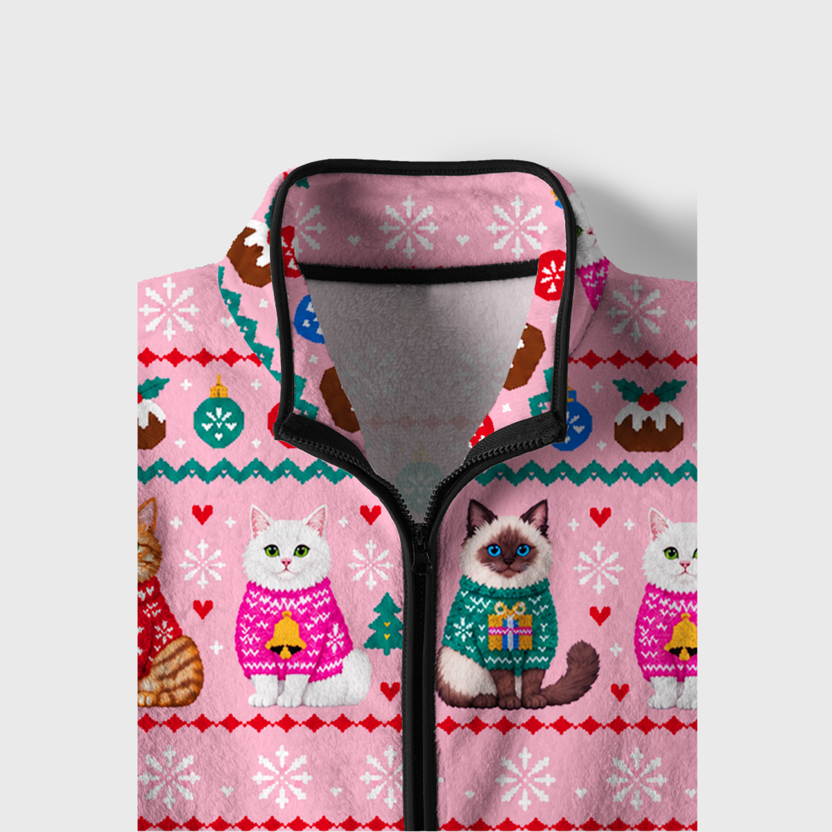 Christmas Cats Holiday Print Fleece Jacket