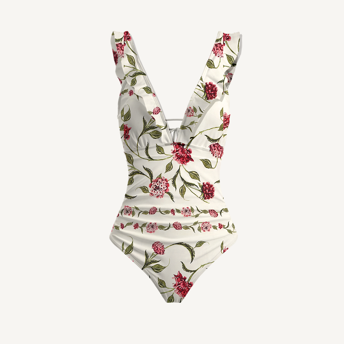 Red Floral Ruffled V Neck One Piece Swimsuit and Matching Midi Skirt Set