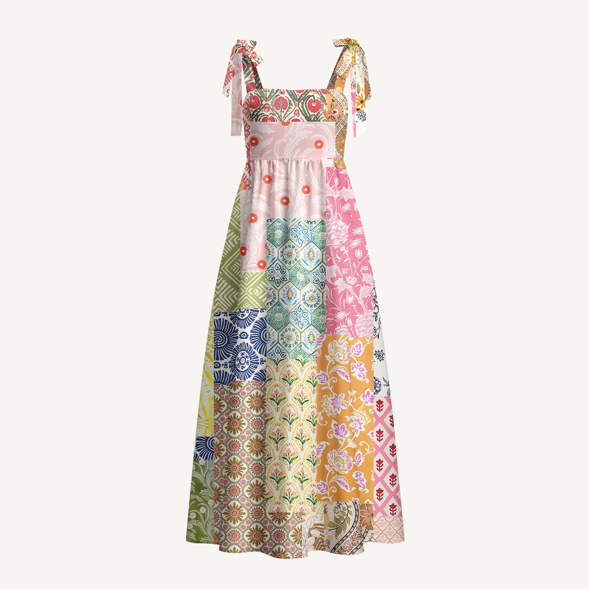 Colorful Bohemian Patchwork Print Bow Strap Maxi Dress