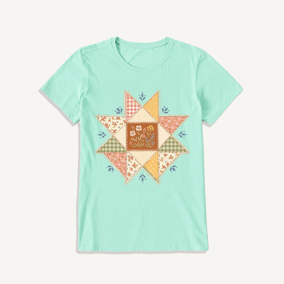 Vintage Quilt Star Meadow Print Crew Neck Cotton Tee