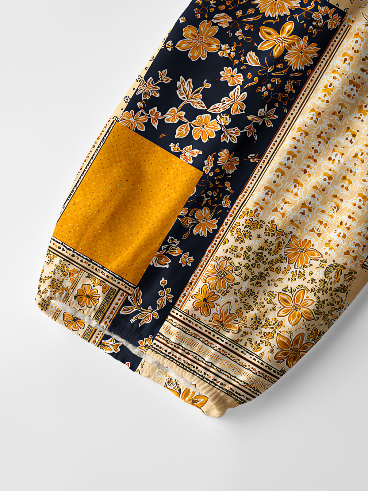 Vintage Mustard and Navy Floral Patchwork Print Boho Long Sleeve Tie‑Neck Blouse