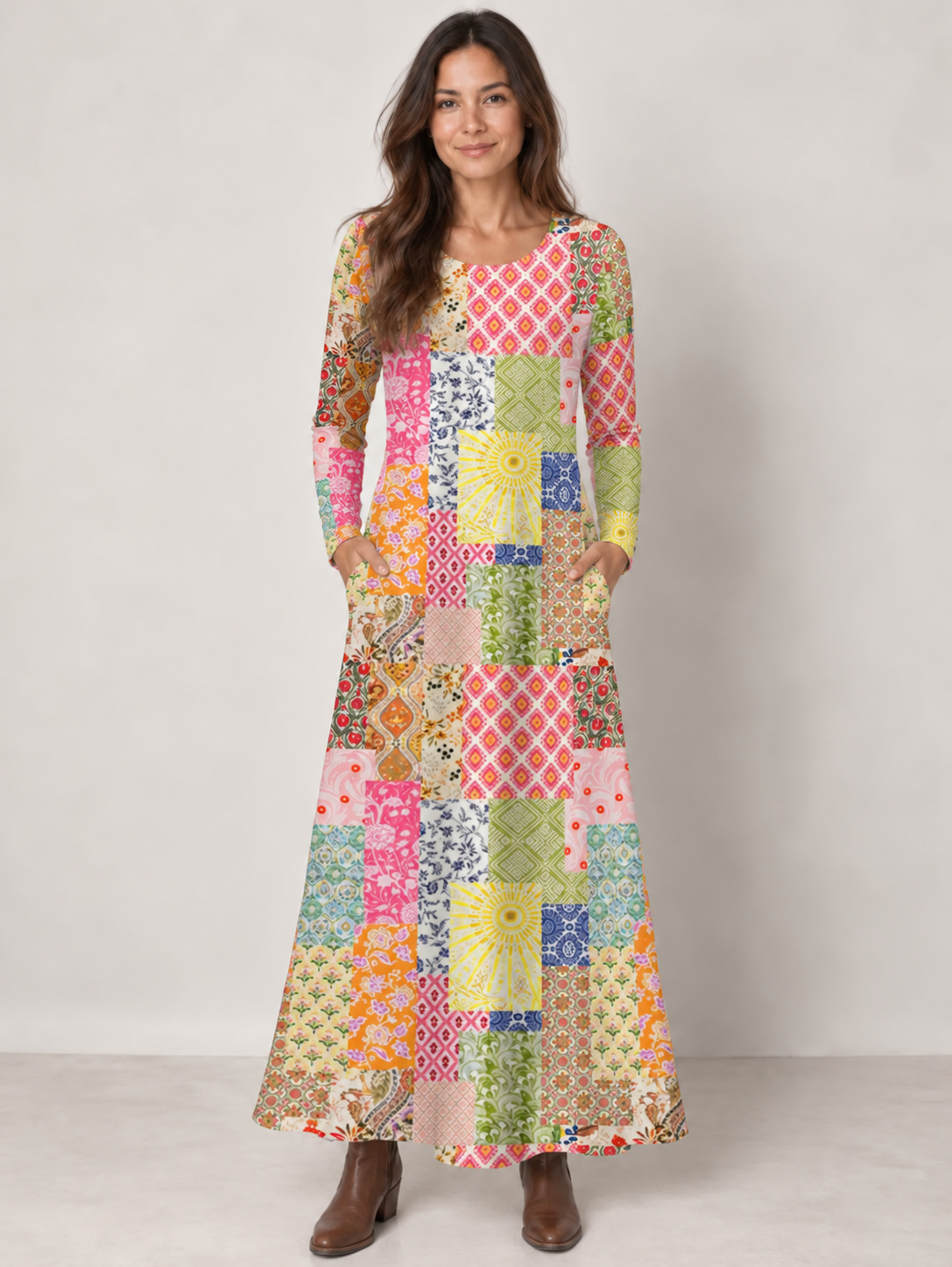 Colorful Bohemian Patchwork Print Soft-Touch Stretch Knit Long Sleeve Maxi Dress with Pockets