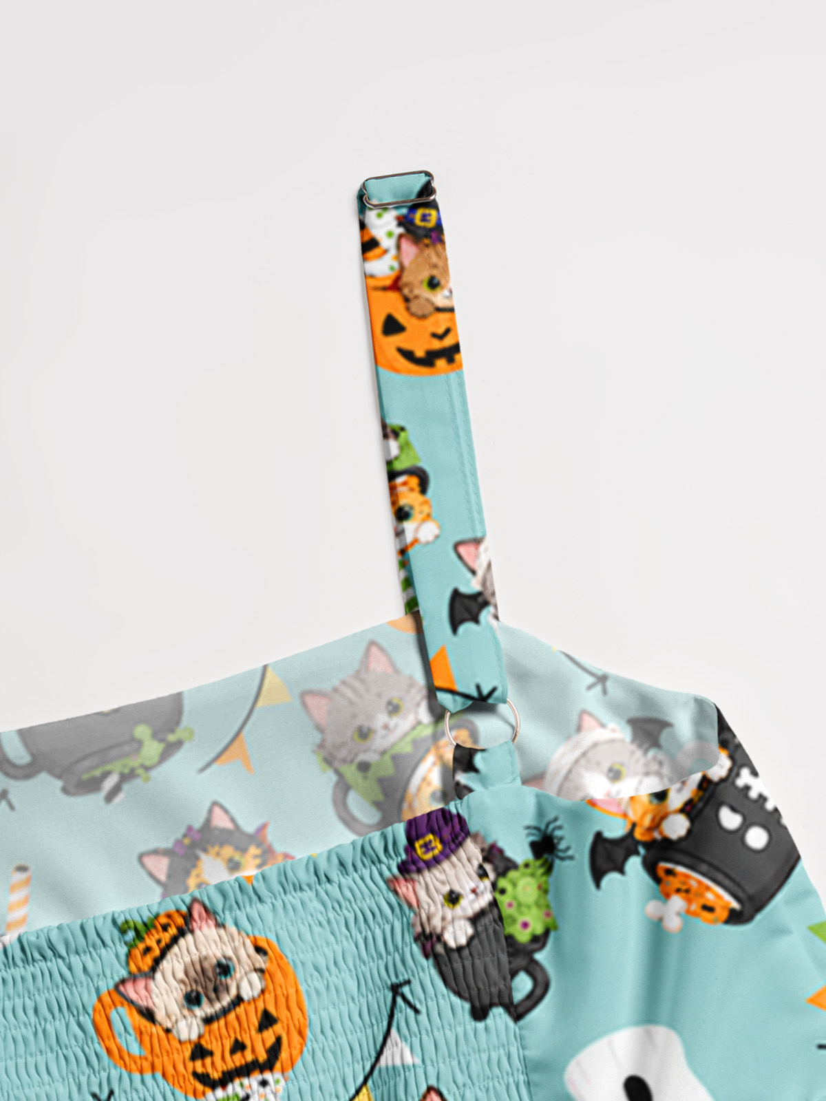 Mint Pumpkin Kitty Halloween Fun Print Wide Straps Maxi Dress With Pockets