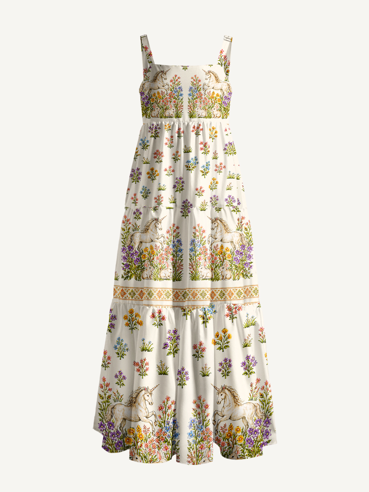 Enchanted Unicorn Garden Print Wide Straps Maxi Dress With Pockets