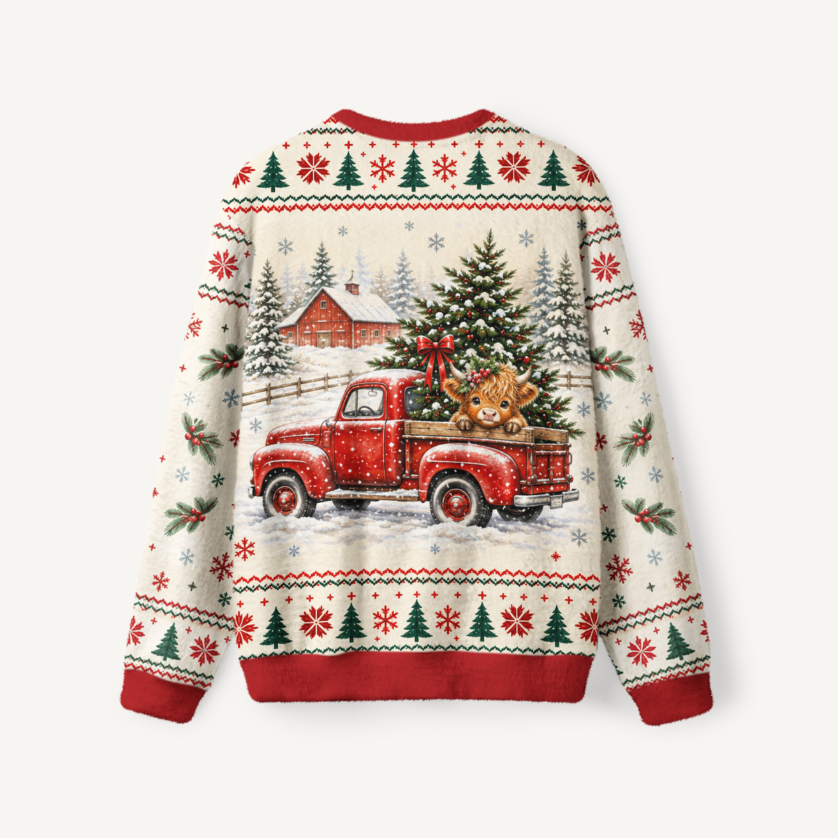 Cozy Christmas Farm Truck Cow Christmas Fuzzy Crewneck Sweater