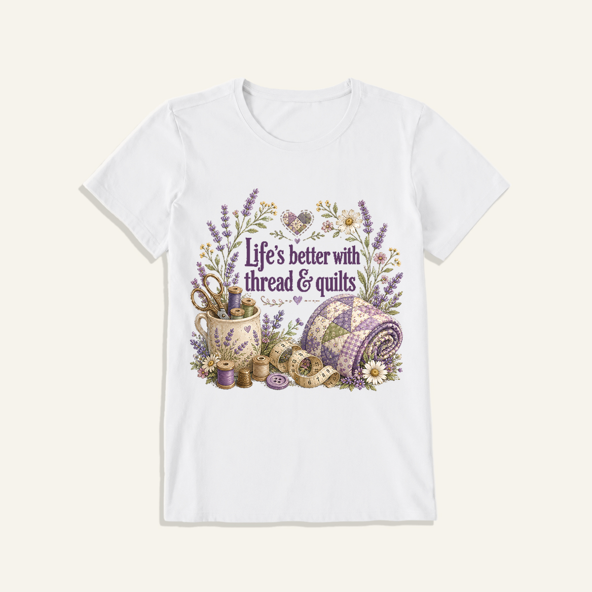 Stitched Quiet Happiness Print Crew Neck Cotton Tee