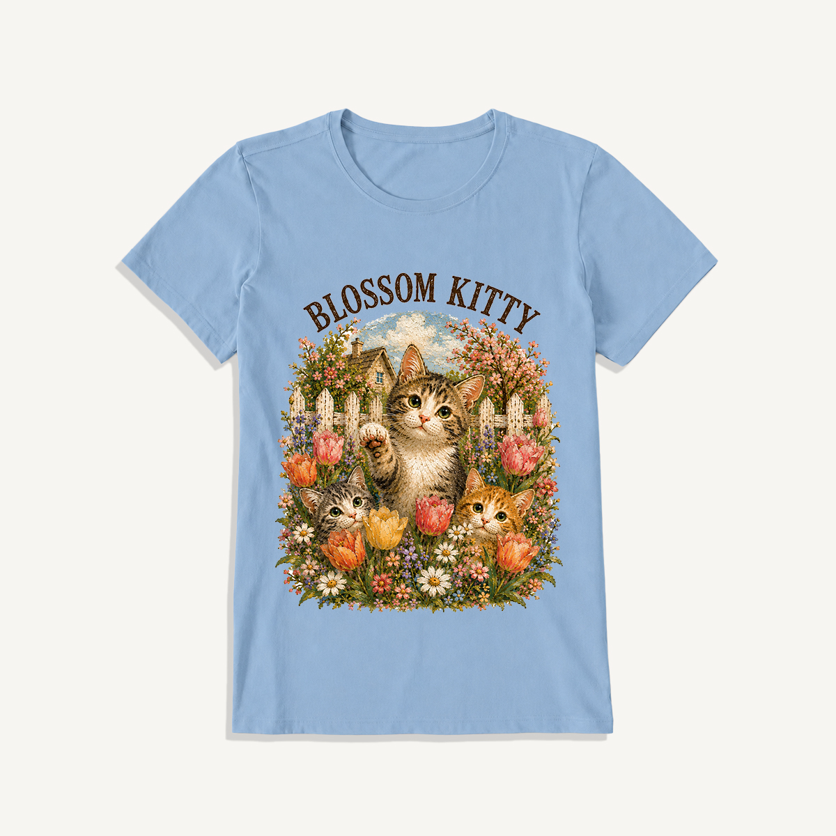 Blossom Kitty Cottage Print Crew Neck Cotton Tee