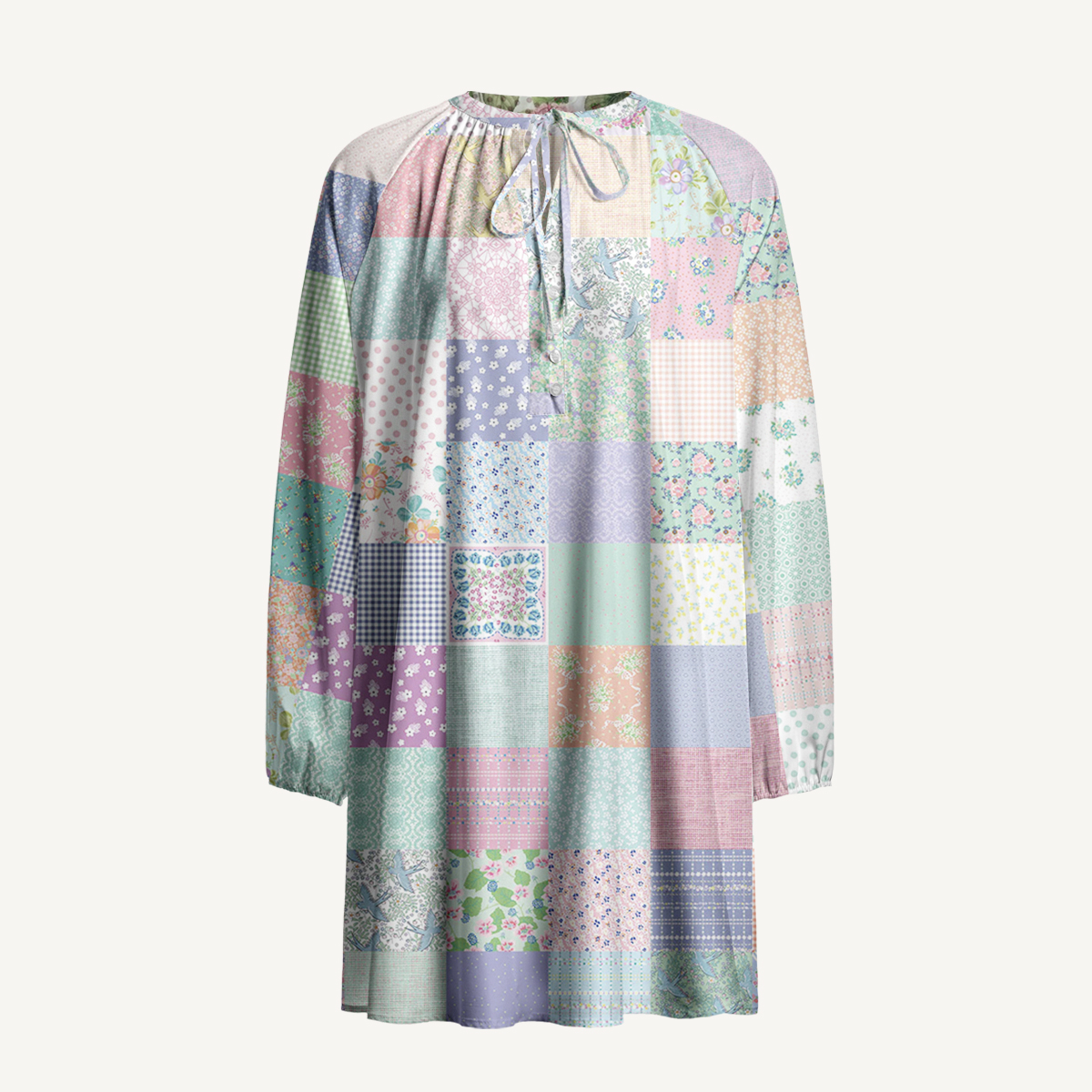 Vintage Quilt Patchwork Print Boho Tie‑Neck Smock Mini Dress