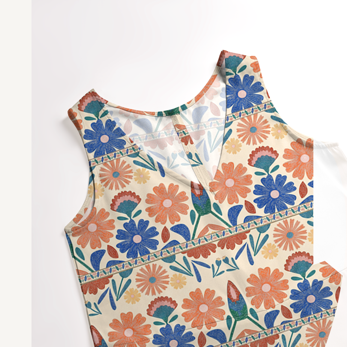 V-Neck Bohemian Folk Floral Stripe Jumpsuit with Pockets for Women