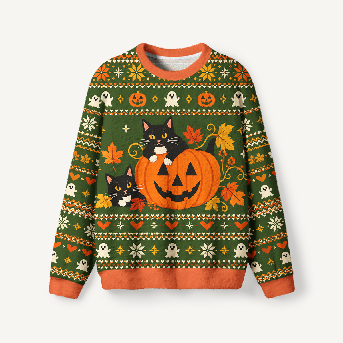 Spooky Cat Pumpkin Fuzzy Crewneck Sweater