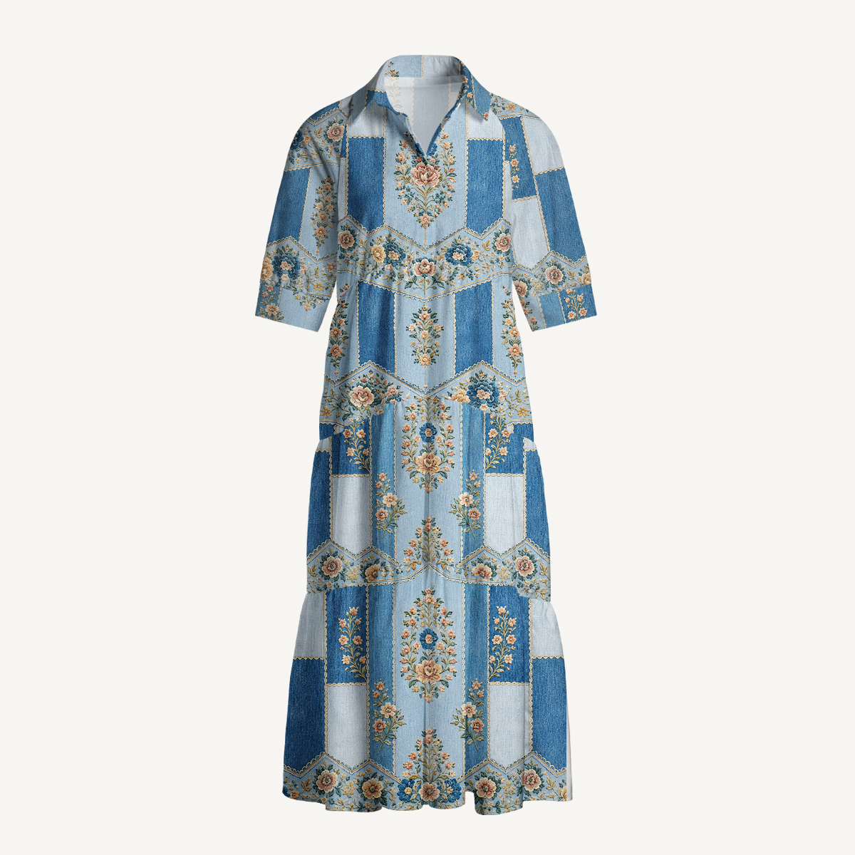 V Neck Collared Vintage Blue Tapestry Floral Stripe  Print Casual Midi Dress With Pockets