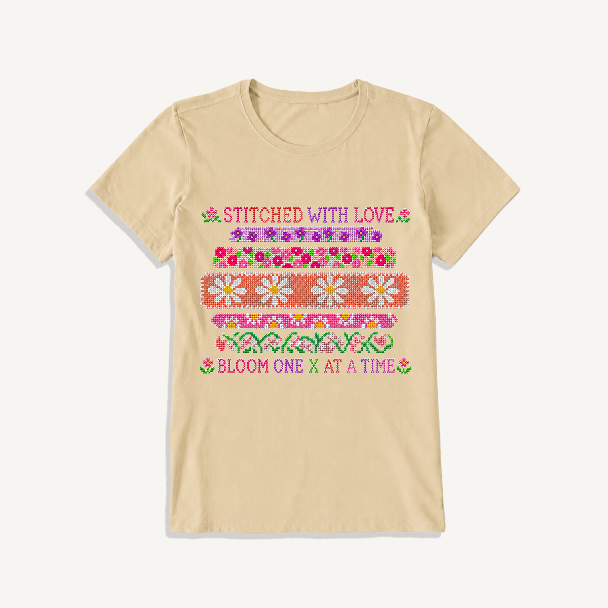 Floral Cross-Stitch Sampler Print Crew Neck Cotton Tee