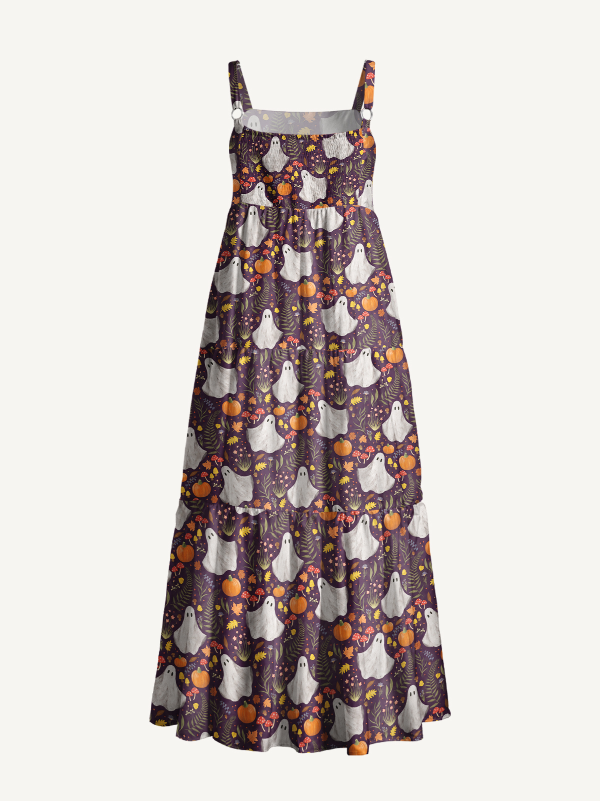 Halloween Ghosts, Pumpkins & Mushrooms Print Wide Straps Maxi Dress With Pockets