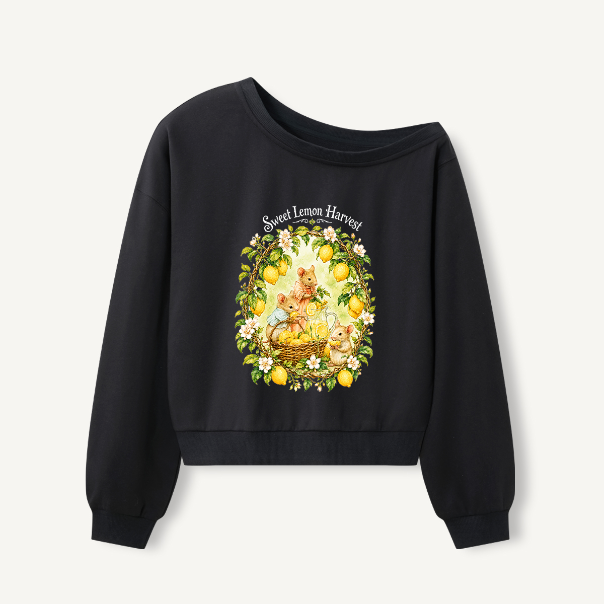 Sweet Lemon Harvest Print Off Shoulder Sweatshirts 