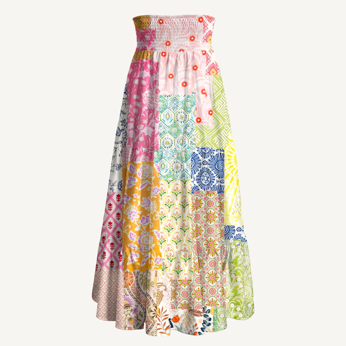 Colorful Bohemian Patchwork Print Convertible Maxi Skirt & Strapless Dress  