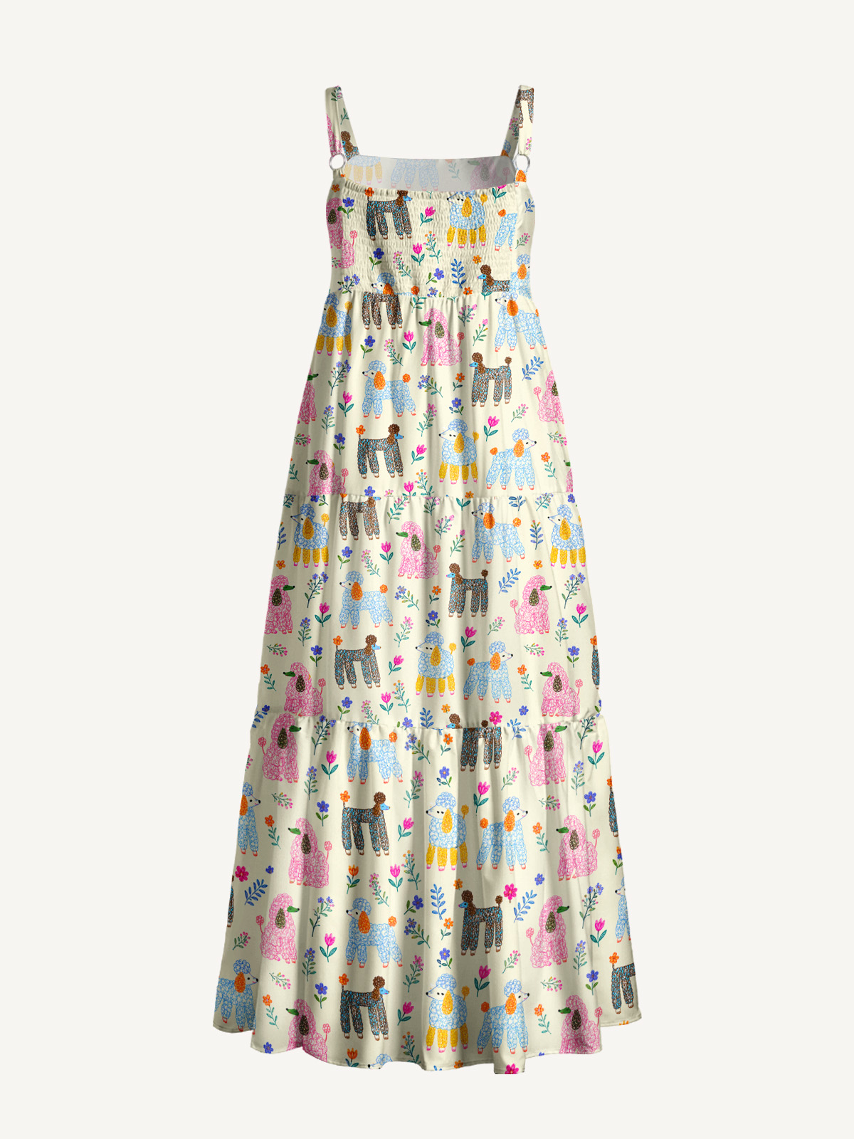 Whimsical Garden Poodles Pattern Print Wide Straps Maxi Dress With Pockets