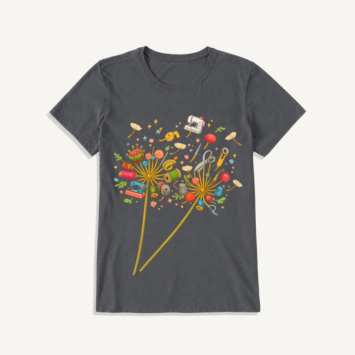 Sewing Tool Dandelion Art Print Crew Neck Cotton Tee