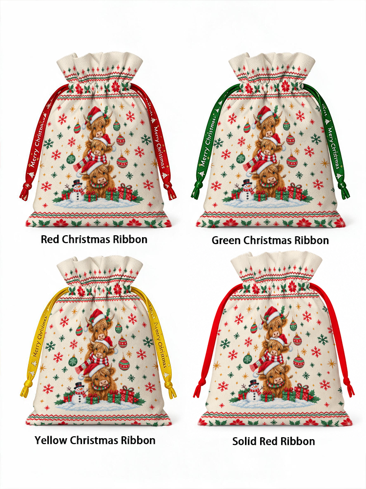 Stacked Highland Cow Christmas Reusable Drawstring Gift Bag