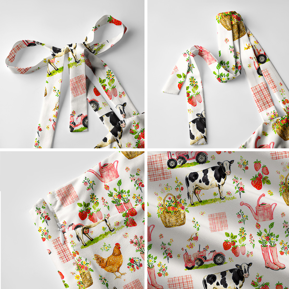 Watercolor Pink Farm Chicken Print Bow Strap Maxi Dress